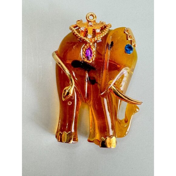 Vintage Amber Lucite Jeweled Ceremonial Elephant Gold Gilded Trim Brooch/pendant - Picture 3 of 7